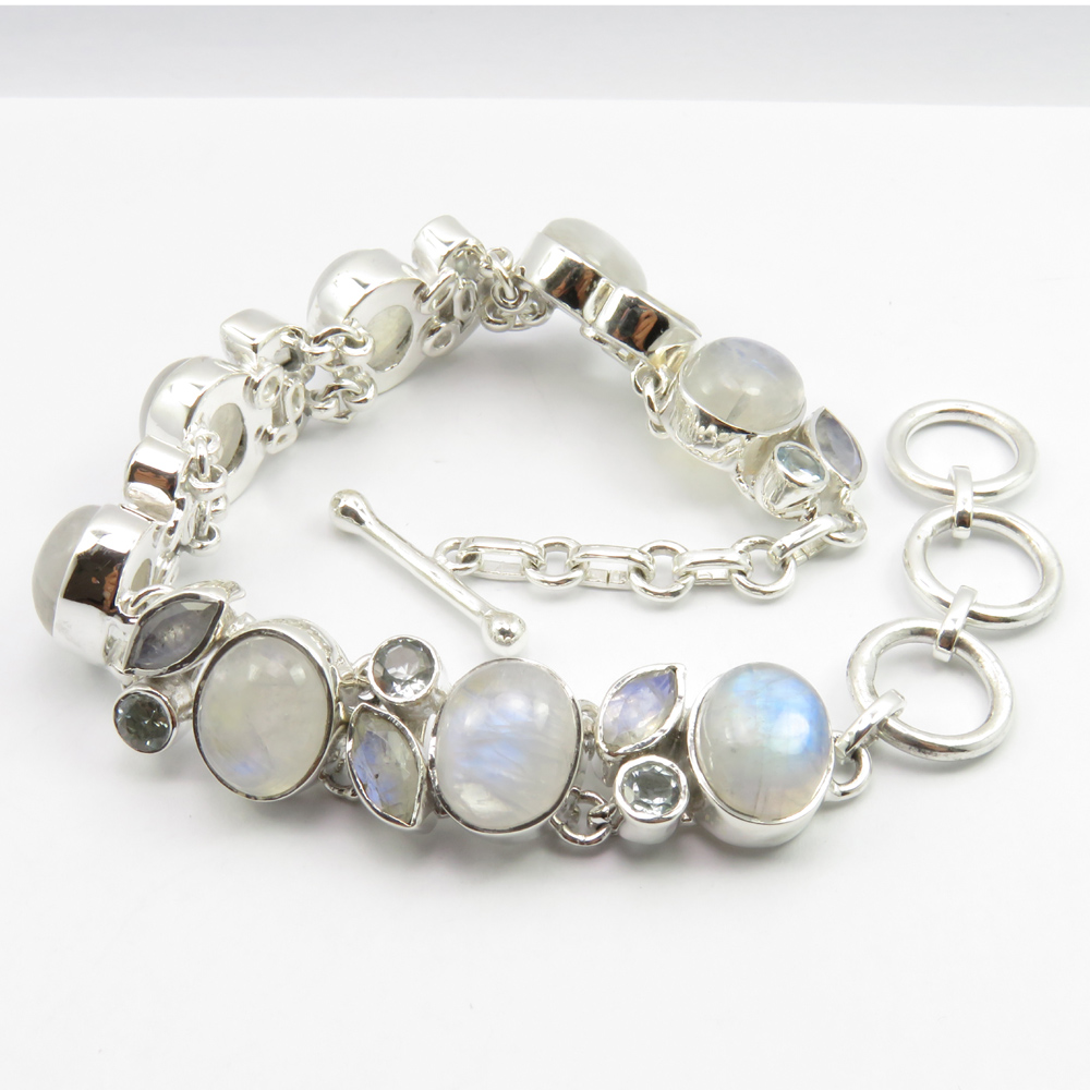 925 Solid Silver Real Rainbow Moonstone Bracelet 8.1/" 7.8 Grams New Gemstone