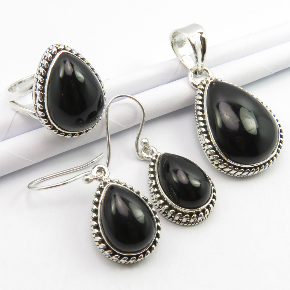 925 Silver a Quality Black Onyx Ring Size 7 Pendant 3 8 Cm Earrings 3 3 Cm Set Ebay