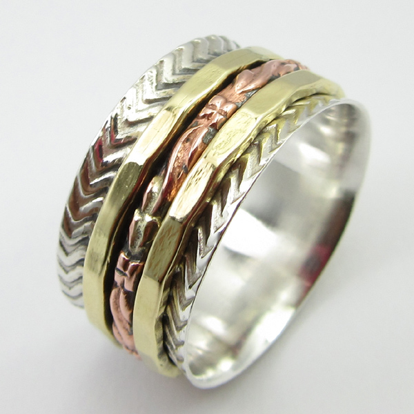 Handmade Three Tone Designer Carved Band Spinner Ring 925 Sterling Silver /& Brass Spinner Ring Valentine/'s Day Gift Idea Jewelry