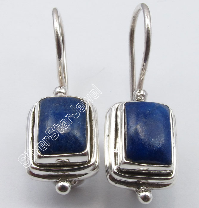 Handmade 925 Sterling Silver Lapis Lazuli Earrings – Oval Drop Dangle – Navy Blue