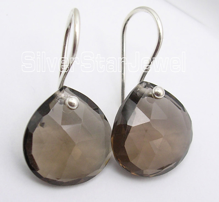 925 Sterling Silver 1.4 " Dangle Earrings BROWN SMOKY QUARTZ Genuine Jewelry